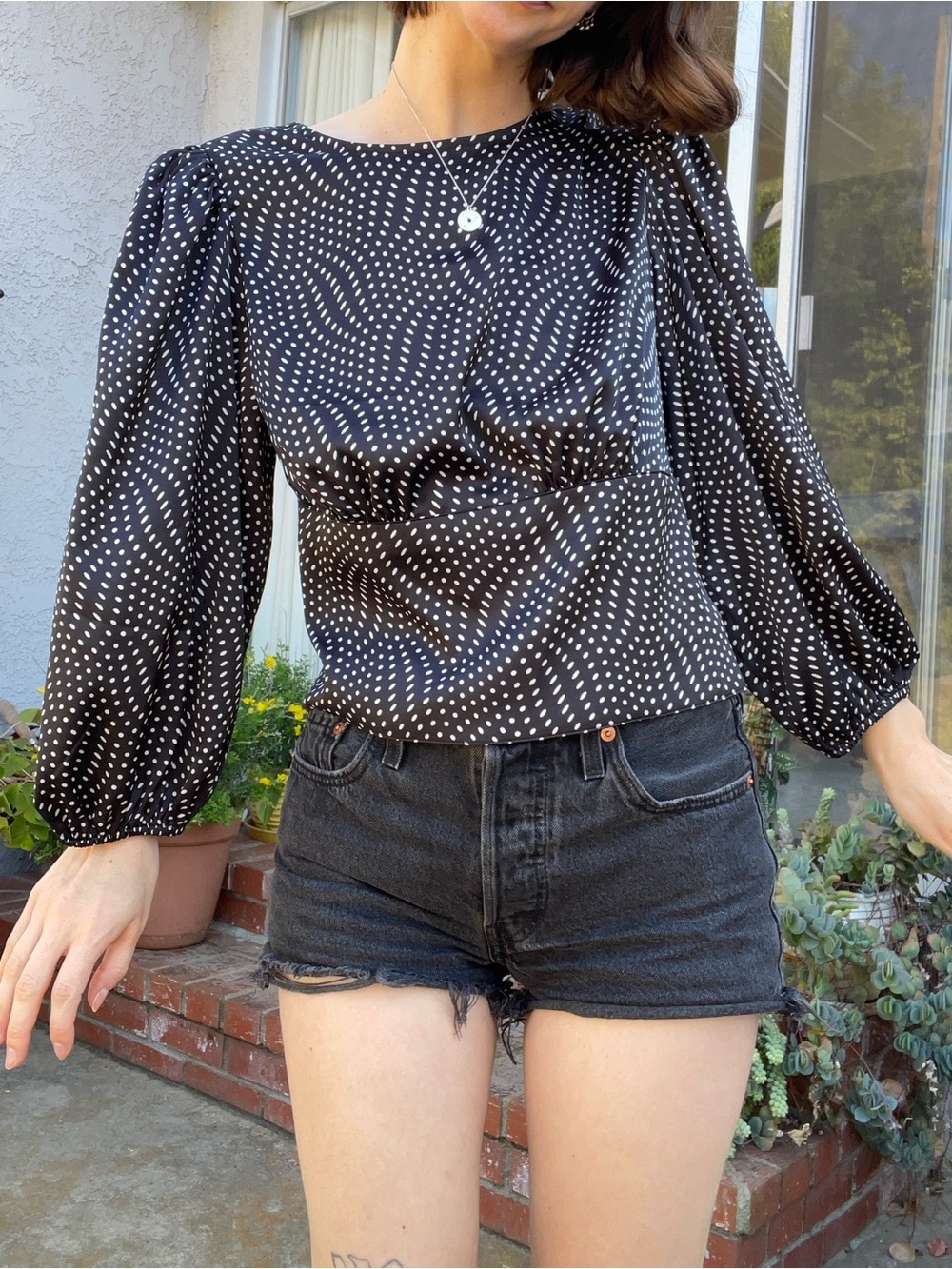 Express Black Blouse with White Polka Dots and Puff Sleeves Silky Open Back
